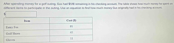 After spending money for a golf outing, Gus had $518 remaining in his checking account. The table shows how much money he spent on 
different items to participate in the outing. Use an equation to find how much money Gus originally had in his checking account.
$