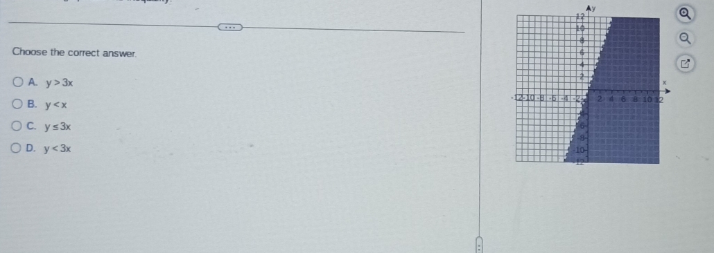 Ay
Choose the correct answer.
A. y>3x
B. y
C. y≤ 3x
D. y<3x</tex>