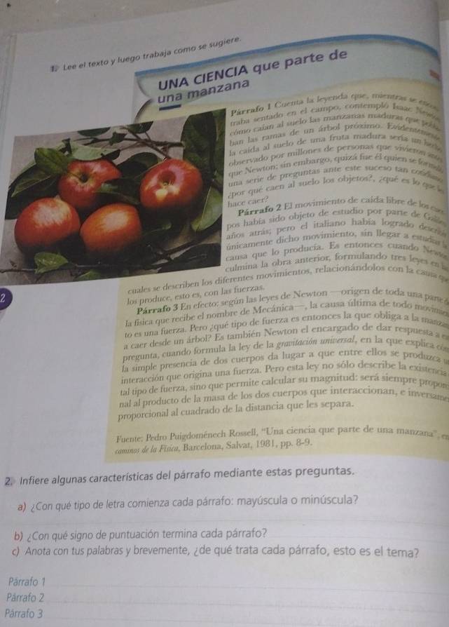  Lee el texto y luego trabaja como se sugiere.
que parte de
rafo 1 Cuenta la leyenda que, mientras se escos
a sentado en el campo, contempló haac New
o caían al suelo las manzanas maduras que pela
las ramas de un árbol próximo. Evidentmeso
ida al suelo de una fruta madura sería un lade
rvado por millones de personas que vivieros ano 
Newton; sin embargo, quizá fue El quien se formía
serie de preguntas ante este suceso tan con das
qué caen al suelo los objetos?, ¿qué es lo queí
caer?
árrafo 2 El movimiento de caída libre de los es
abía sido objeto de estudio por parte de Galle
amrás; pero el italiano había logrado deser
mente dicho movimiento, sin llegar a estada a
que lo producía. Es entonces cuando Ness
na la obra anterior, formulando tres leyes en l
? cues movimientos, relacionándolos con la cassa qe
los produce, esto es, con las frzas.
Párrafo 3 En efecto: según las leyes de Newton —origen de toda una pane 
la física que recibe el nombre de Mecánica—, la causa última de todo movimo
to es una fuerza. Pero ¿qué tipo de fuerza es entonces la que obliga a la manza
a caer desde un árbol? Es también Newton el encargado de dar respuesta a es
pregunta, cuando formula la ley de la gravitación universal, en la que explica cón
la simple presencia de dos cuerpos da lugar a que entre ellos se produzca a
interacción que origina una fuerza. Pero esta ley no sólo describe la existencia
tal tipo de fuerza, sino que permite calcular su magnitud: será siempre propon
nal al producto de la masa de los dos cuerpos que interaccionan, e inversame
proporcional al cuadrado de la distancia que les separa.
Fuente: Pedro Puigdoménech Rossell, ''Una ciencia que parte de una manzana'', en
cominos de la Física, Barcelona, Salvat, 1981, pp. 8-9.
2. Infiere algunas características del párrafo mediante estas preguntas.
a) ¿Con qué tipo de letra comienza cada párrafo: mayúscula o minúscula?
b) ¿Con qué signo de puntuación termina cada párrafo?
c) Anota con tus palabras y brevemente, ¿de qué trata cada párrafo, esto es el terna?
Pärrafo 1_
Pärrafo 2
Párrafo 3
_
_