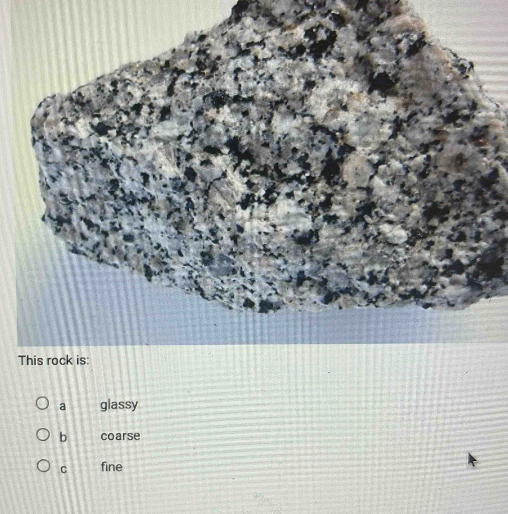 This rock is:
a glassy
b coarse
C fine