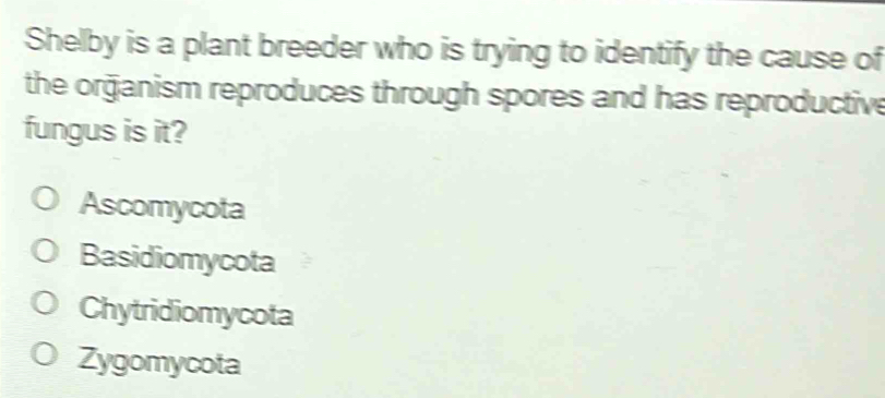 Shelby is a plant breeder who is trying to identify the cause of
the organism reproduces through spores and has reproductive
fungus is it?
Ascomycota
Basidiomycota
Chytridiomycota
Zygomycota