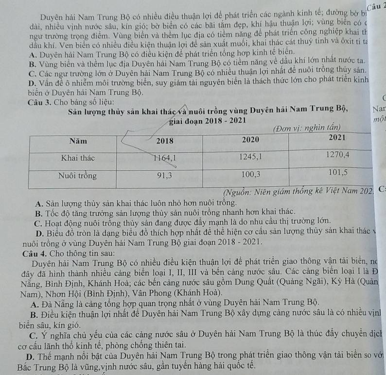 Duyên hải Nam Trung Bộ có nhiều điều thuận lợi để phát triển các ngành kinh tế; đường bờ bị
dài, nhiều vịnh nước sâu, kín gió; bờ biển có các bãi tắm đẹp, khí hậu thuận lợi; vùng biển có c
ngư trường trọng điểm. Vùng biển và thềm lục địa có tiềm năng để phát triển công nghiệp khai th
đầu khí. Ven biển có nhiều điều kiện thuận lợi để sản xuất muối, khai thác cát thuý tinh và õxit tí ta
A. Duyên hải Nam Trung Bộ có điều kiện để phát triển tổng hợp kinh tế biển.
B. Vùng biển và thềm lục địa Duyên hải Nam Trung Bộ có tiểm năng về dầu khí lớn nhất nước ta.
C. Các ngư trường lớn ở Duyên hải Nam Trung Bộ có nhiều thuận lợi nhất để nuôi trồng thủy sản.
D. Vần đề ô nhiễm môi trường biển, suy giảm tải nguyên biển là thách thức lớn cho phát triển kinh
biển ở Duyên hải Nam Trung Bộ.
(
Câu 3. Cho bảng số liệu:
Sân lượng thủy sản khai thác và nuôi trồng vùng Duyên hải Nam Trung Bộ, Nar
giai đoạn 2018 - 2021 một
A. Sản lượng thủy sản khai thác luôn nhỏ hơn nuôi trồng.
B. Tốc độ tăng trưởng sản lượng thủy sản nuôi trồng nhanh hơn khai thác.
C. Hoạt động nuôi trồng thủy sản đang được đầy mạnh là do nhu cầu thị trường lớn.
D. Biểu đồ tròn là dạng biểu đồ thích hợp nhất để thể hiện cơ cấu sản lượng thủy sản khai thác v
nuôi trồng ở vùng Duyên hải Nam Trung Bộ giai đoạn 2018 - 2021.
Câu 4. Cho thông tin sau:
Duyên hải Nam Trung Bộ có nhiều điều kiện thuận lợi để phát triển giao thông vận tải biển, nó
đây đã hình thành nhiều cảng biển loại I, II, III và bến cảng nước sâu. Các cảng biển loại I là Đ
Nẵng, Bình Định, Khánh Hoà; các bến cảng nước sâu gồm Dung Quất (Quảng Ngãi), Kỳ Hà (Quản
Nam), Nhơn Hội (Bình Định), Vân Phong (Khánh Hoà).
A. Đà Nẵng là cảng tổng hợp quan trọng nhất ở vùng Duyên hải Nam Trung Bộ.
B. Điều kiện thuận lợi nhất để Duyên hải Nam Trung Bộ xây dựng cảng nước sâu là có nhiều vịnh
bin sâu, kín gió.
C. Ý nghĩa chủ yếu của các cảng nước sâu ở Duyên hải Nam Trung Bộ là thúc đầy chuyển dịch
cơ cấu lãnh thổ kinh tế, phòng chống thiên tai.
D. Thể mạnh nổi bật của Duyên hải Nam Trung Bộ trong phát triền giao thông vận tải biển so vớ
Bắc Trung Bộ là vũng,vịnh nước sâu, gần tuyến hàng hải quốc tế.