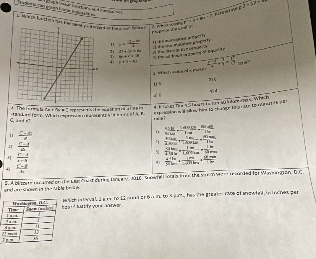 dn graphi g n 2+12=8
n graph linear functions and inequalities.
Students can graph linear inequalities
1. Which function has the sapt as the graph below? 2. When solving
p^2+5=8p-7 , Kate wrote p
property she used is:
1) y= (12-6x)/4  1) the associative property
2) the commutative property
2) 27+3y=6π 3) the distributive property
3) 6y+x=18 4) the addition property of equality
4) y+3=6x  (x-3)/4 + 2/3 = 17/12  true?
3. Which value of x makes
2) 6
1) 8
3)0 4)4
3. The formula Ax+By=C represents the equation of a line in 4. It takes Tim 4.5 hours to run 50 kilometers. Which
standard form. Which expression represents y in terms of A, B, expression will allow him to change this rate to minutes per
C, and x?
mile?
1)  (C-Ax)/B 
1)  (4.5hr)/50km ·  (1.609km)/1m ·  60min/1hr 
2)  50km/4.50hr ·  1mi/1.609km ·  60min/1hr 
2)  (C-A)/Bx 
3)  50km/4.50br ·  1mi/1.609km ·  1hr/60min 
3)  (C-A)/x+B 
4)  (4.5hr)/50km ·  1mi/1.609km ·  60min/1hr 
4)  (C-B)/Ax 
5. A blizzard occurred on the East Coast during January, 2016. Snowfall totals from the storm were recorded for Washington, D.C.
and are shown in the table below.
hich interval, 1 a.m. to 12 noon or 6 a.m. to 3 p.m., has the greater rate of snowfall, in inches per
our? Justify your answer.
1
3