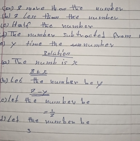 day 8 moke t on the number 
(l) 2 less than the number 
(e) Half the number 
The number subtracted from 
e x time the number 
solution 
(a) The numb is x
_ 8+x
(b) let the number bey 
7- y
o)lef the number be
= 1/z 
d lef the number be 
s