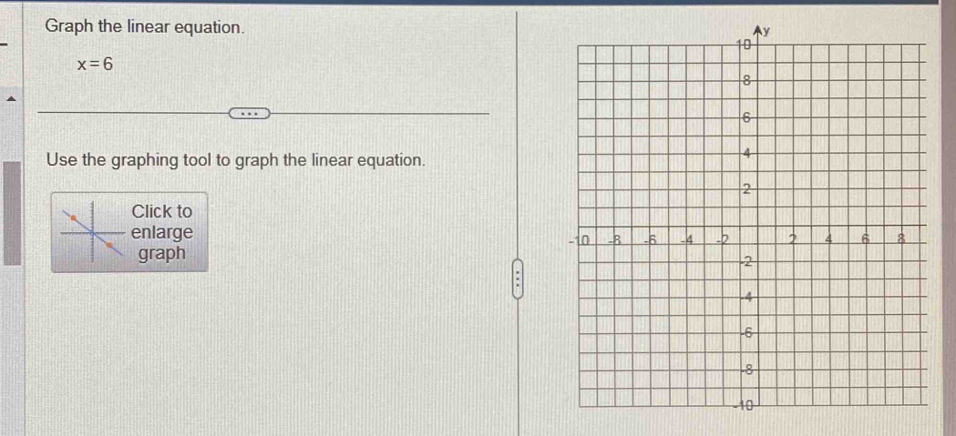 Graph the linear equation.
x=6
Use the graphing tool to graph the linear equation. 
Click to 
enlarge 
graph