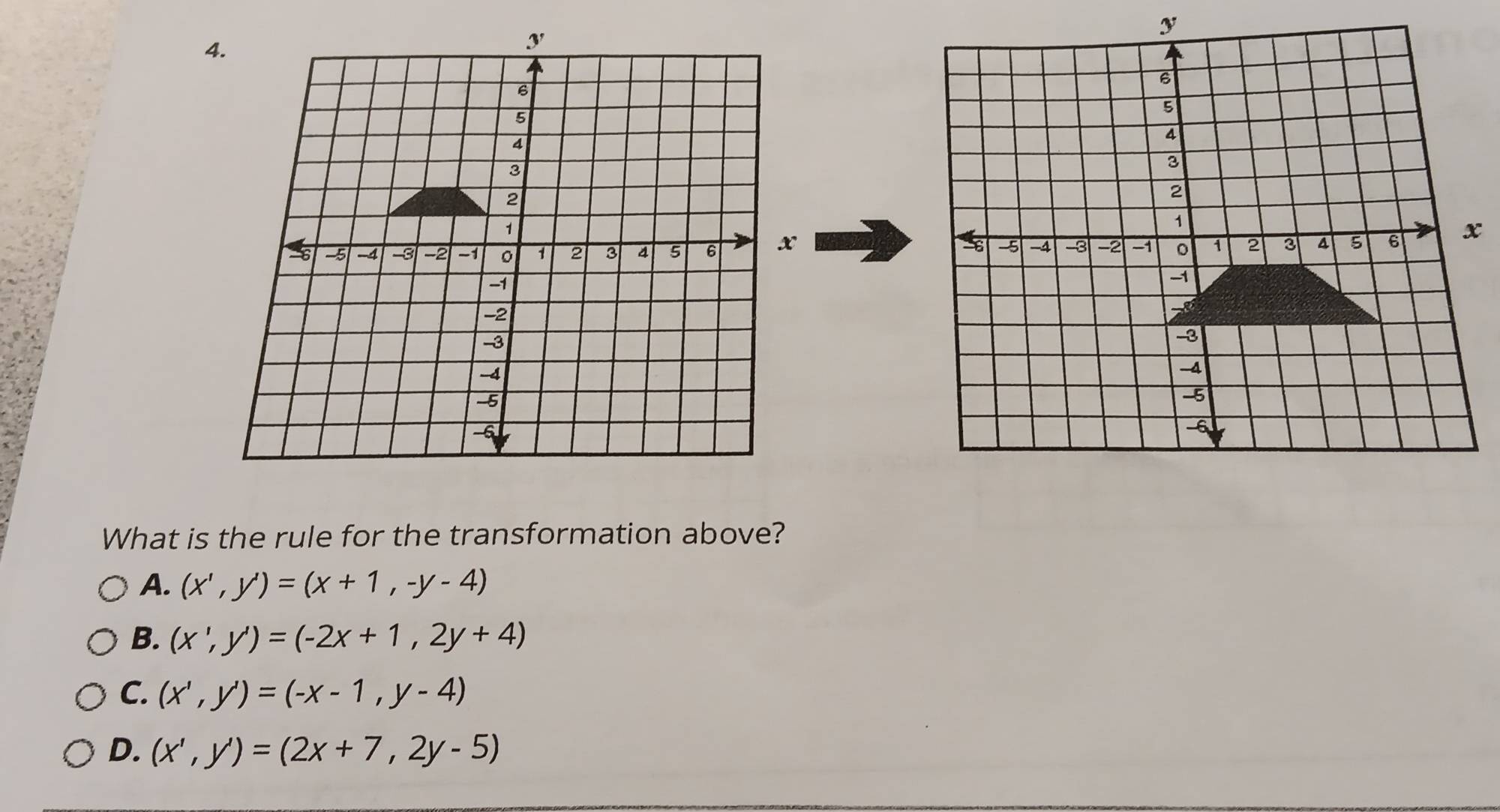 What is the rule for the transformation above?
A. (x',y')=(x+1,-y-4)
B. (x',y')=(-2x+1,2y+4)
C. (x',y')=(-x-1,y-4)
D. (x',y')=(2x+7,2y-5)