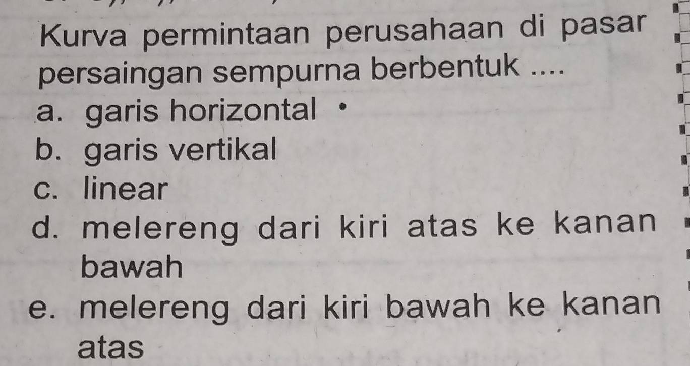 Kurva permintaan perusahaan di pasar
persaingan sempurna berbentuk ....
a. garis horizontal·
b. garis vertikal
c. linear
d. melereng dari kiri atas ke kanan
bawah
e. melereng dari kiri bawah ke kanan
atas