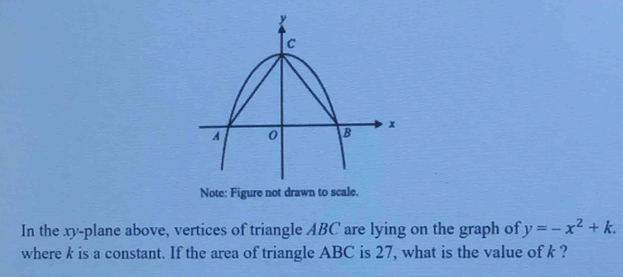 Note: Figure not drawn to scale. 
In the xy -plane above, vertices of triangle ABC are lying on the graph of y=-x^2+k. 
where k is a constant. If the area of triangle ABC is 27, what is the value of k ?