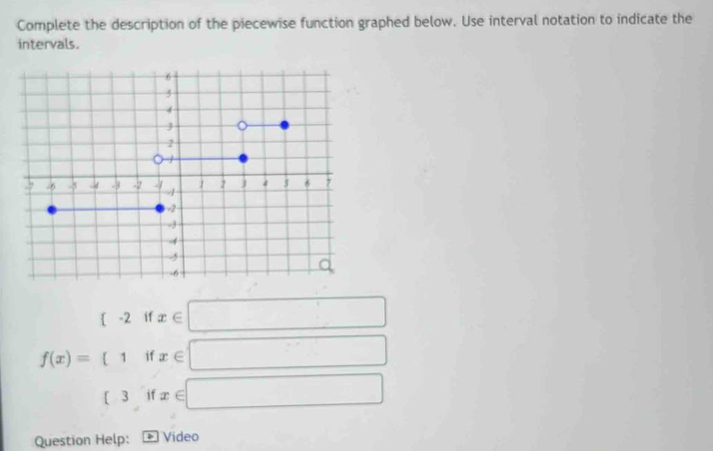 Complete the description of the piecewise function graphed below. Use interval notation to indicate the 
intervals. 
Question Help: * Video