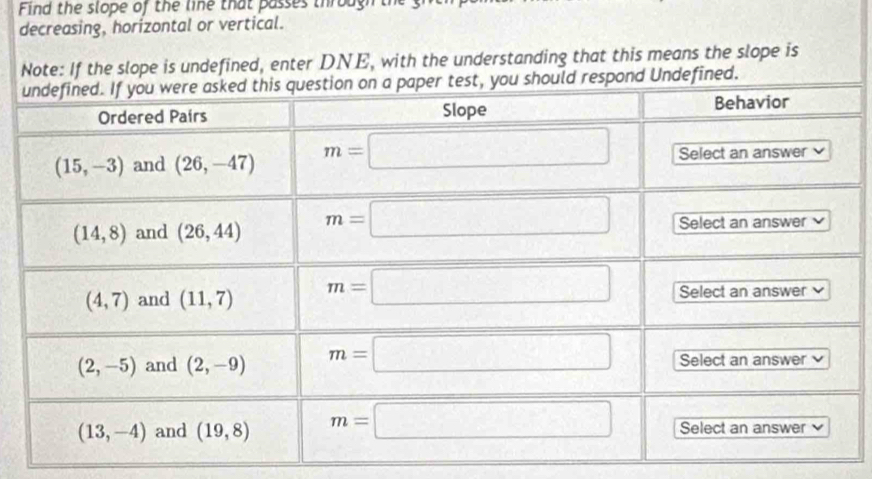 Find the slope of the line that passes through the
decreasing, horizontal or vertical.
Note: If the slope is undefined, enter DNE, with the understanding that this means the slope is
Undefined.