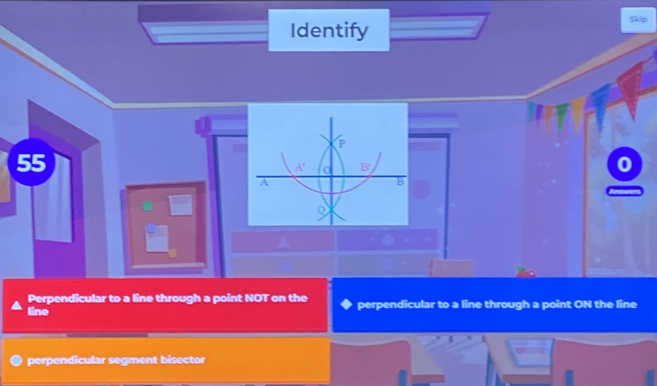 Identify
Skip
55
Perpendicular to a line through a point NOT on the
line perpendicular to a line through a point ON the line
perpendicular segment bisector