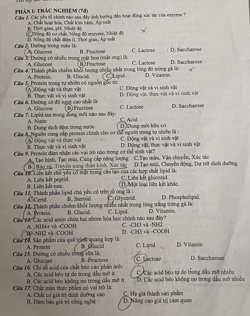 PHÀN I: TRÁC NGHIỆM (7ª)
Câu 1. Các yếu tố chính nào sau đây ảnh hưởng đến hoạt động xúc tác của enzyme ?
A. Chất hoạt hóa, Chất kìm hãm, Áp suất
B. Thời gian, pH, Nhiệt độ
C)Nồng độ cơ chất, Nồng độ enzyme, Nhiệt độ
D. Nồng độ chất điện li, Thời gian, Áp suất
Câu 2. Đường trong máu là:
A Glucose B. Fructose C. Lactose D. Saccharose
Câu 3. Đường có nhiều trong mật hoa (mật ong) là:
A. Glucose B Fructose C. Lactose D. Saccharose
Câu 4. Thành phần chiếm khổi lượng nhiều nhất trong lòng đỏ trứng gà là:
A. Protein. B. Glucid. C.)Lipid. D. Vitamin.
Câu 5. Protein trong tự nhiên có nguồn gốc từ:
A. Động vật và thực vật C. Động vật và vi sinh vật
B. Thực vật và vi sinh vật D. Động vật, thực vật và vi sinh vật
Câu 6. Đường có độ ngọt cao nhất là:
A. Glucose B) Fructose C. Lactose D. Saccharose
Câu 7. Lipìd tan trong dung môi nào sau đây:
A. Nước C. Acid
B. Dung dịch đệm trong nước D. Dung môi hữu cơ.
Câu 8, Nguồn cung cấp protein chính cho cơ thể người trong tự nhiên là :
A Động vật và thực vật C. Động vật và vi sinh vật
B. Thực vật và vi sinh vật D. Động vật, thực vật và vi sinh vật
Câu 9. Protein đảm nhận các vai trò nào trong cơ thể sinh vật?
A. Tạo hình, Tạo mùi, Cung cấp năng lượng  C.Tạo màu, Vận chuyển, Xúc tác
B. Bảo vệ, Truyền xung thần kinh, Xúc tác D.Tạo mùi, Chuyển động, Dự trữ dinh dưỡng
Câu 10. Liên kết chủ yều có mặt trong cầu tạo của các hợp chất lipid là:
A. Liên kết peptid. C. Liên kết glucozid.
B. Liên kết este. D. Một loại liên kết khác.
Câu 11. Thành phần lipid chủ yếu có trên tổ ong là :
A. Cerid. B, Steroid. C.Glycerid. D. Phospholipid.
Câu 12. Thành phần chiếm khối lượng nhiễu nhất trong lòng trắng trứng gà là:
A. Protein. B. Glucid. C. Lipid. D. Vitamin.
Câu 13. Các acid amin chứa hai nhóm hóa học chính nào sau đây?
A. -NH4+ và -COOH C. -CH3 và -NH2
B. -NH2 và -COOH D. -CH3 và −COOH
Câu 14. Sản phẩm của quá trình quang hợp là:
A. Protein B. Glucid C. Lipid D. Vitamin
Câu 15. Đường có nhiều trong sữa là;
A. Glucqse B. Fructose C. Lactose D. Saccharose
Câu 16. Chỉ số acid của chất béo cao phản ánh:
A. Các acid béo tự do trong đầu mỡ ít C Các acid béo tự do trong dầu mỡ nhiều
B. Các acid béo không no trong dầu mỡ ít D. Các acid béo không no trong dầu mỡ nhiều
Câu 17. Chất màu thực phẩm có vai trò là:
A. Chất có giá trị dinh dưỡng cao C. Hạ giá thành sản phẩm
B. Đảm bảo giá trị công nghệ D. Nâng cao giá trị cảm quan