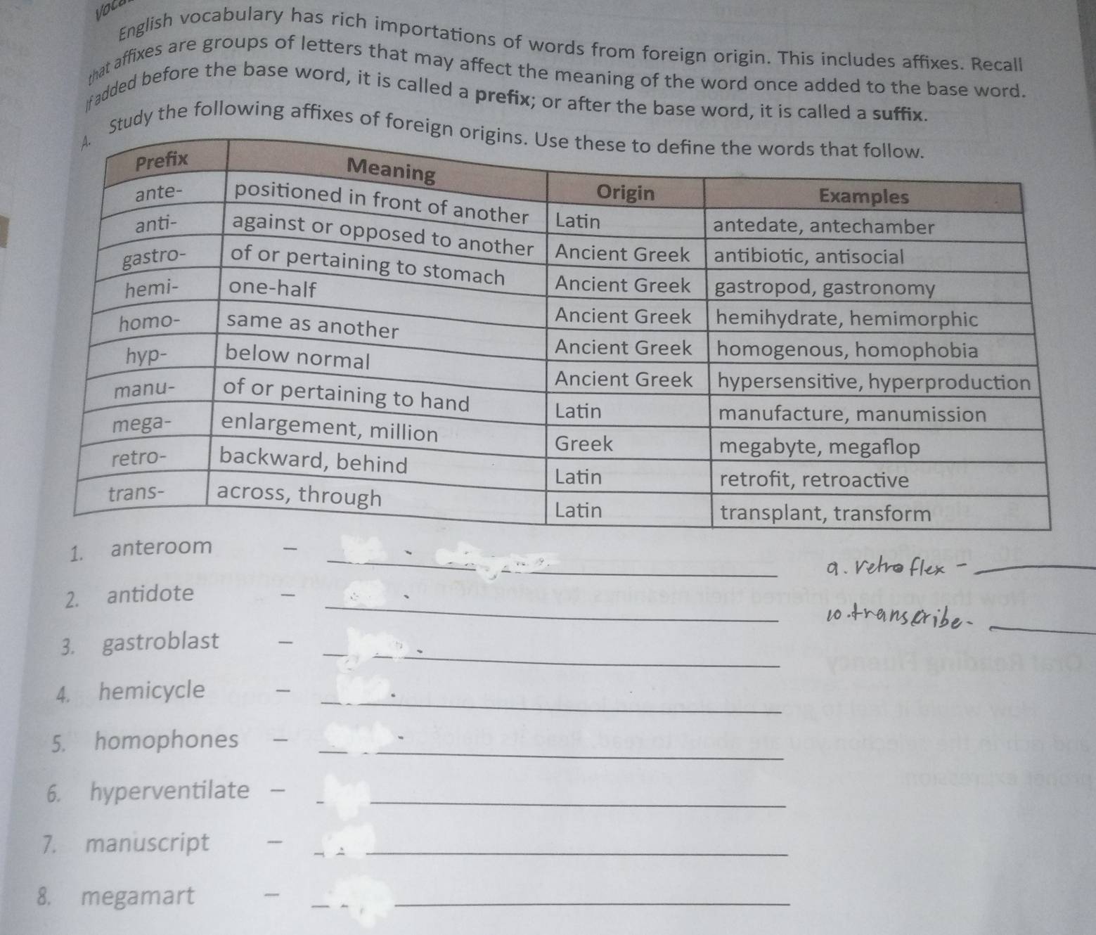 Voca 
English vocabulary has rich importations of words from foreign origin. This includes affixes. Recall 
that affixes are groups of letters that may affect the meaning of the word once added to the base word. 
If added before the base word, it is called a prefix; or after the base word, it is called a suffix. 
tudy the following affixes of fo 
_ 
1. anter _ 
e 
2. antidote _ 
3. gastroblast _ 
_ 
4. hemicycle _ 
5. homophones _ 
6. hyperventilate __ 
7. manuscript _ 
_ 
8. megamart __