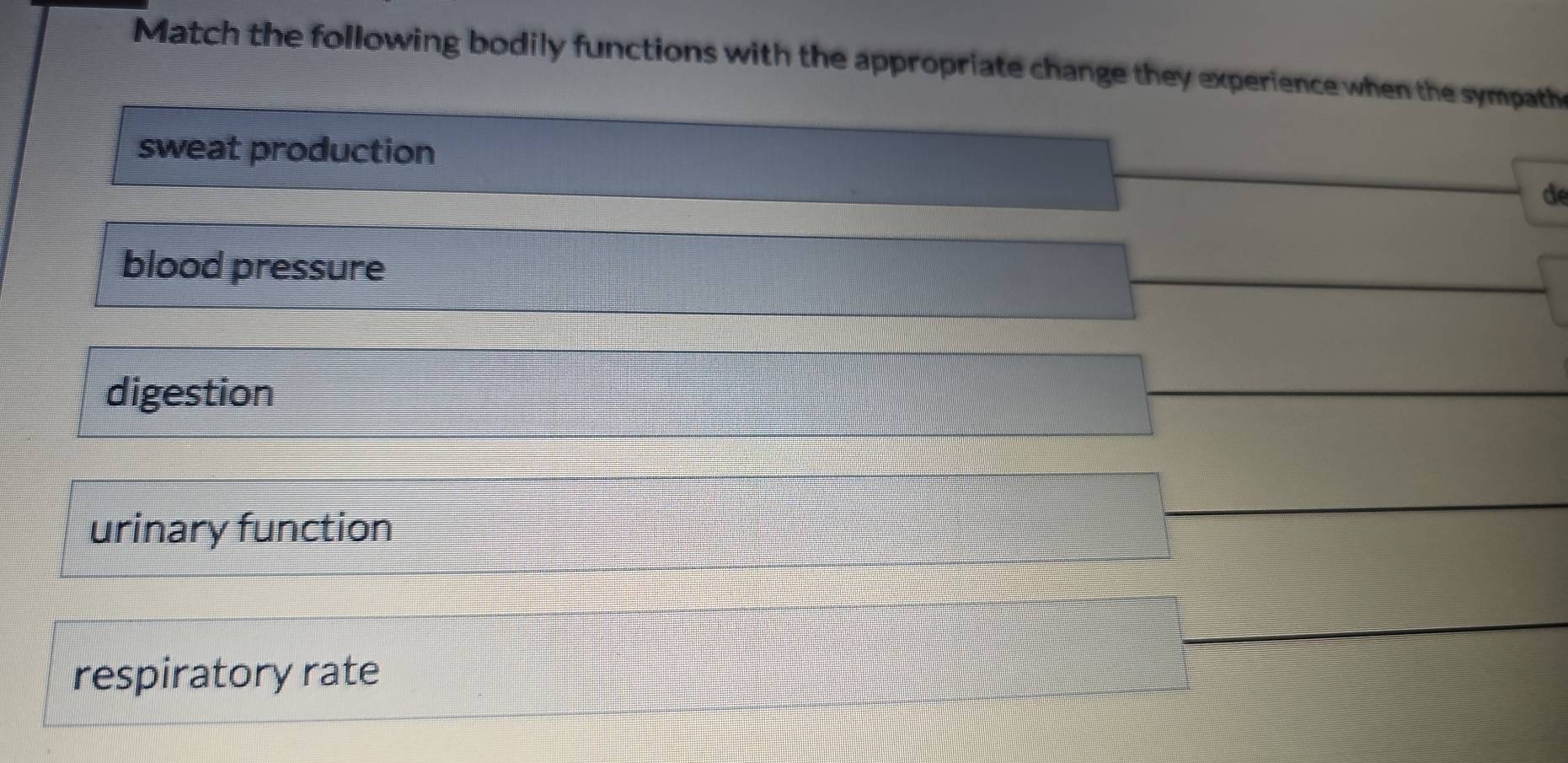 Match the following bodily functions with the appropriate change they experience when the sympath 
sweat production 
de 
blood pressure 
digestion 
urinary function 
respiratory rate