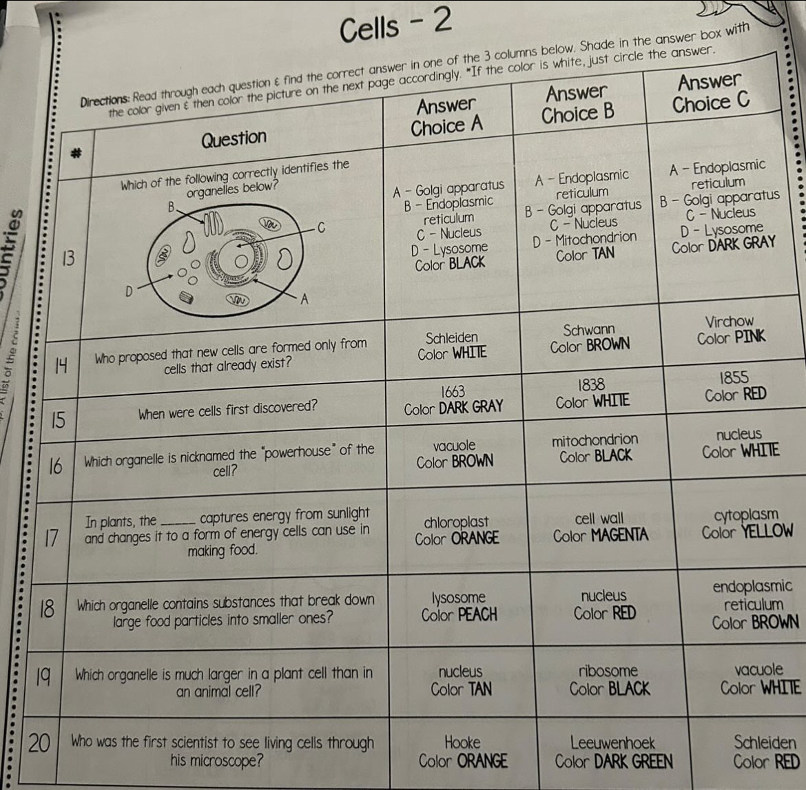 Cells - 2 
answer box with 
us 
Y 
. 
TE 
m 
LOW 
. smic 
um 
OWN 
1ole 
. 
WHITE 
2iden 
his microscope? Color ORANGE Color DARK GREEN Color RED