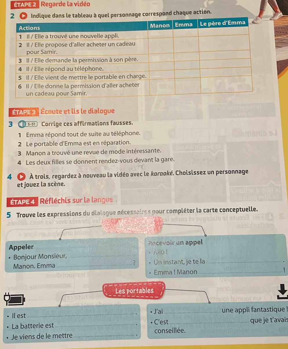 ETAPE Regarde la vidéo 
que dans le tableau à quel personnage correspond chaque action. 
ÉTAPE S Écoute et lis le dialogue 
3 s-₅ Corrige ces affirmations fausses. 
1 Emma répond tout de suite au téléphone. 
2 Le portable d'Emma est en réparation. 
3 Manon a trouvé une revue de mode intéressante. 
4 Les deux filles se donnent rendez-vous devant la gare. 
4 〇 À trois, regardez à nouveau la vidéo avec le korooké. Choisissez un personnage 
et jouez la scène. 
TAPE 4 | Réfléchis sur la langue 
5 Trouve les expressions du dialogue nécessaires pour compléter la carte conceptuelle. 
Appeler Recevoir un appel 
Bonjour Monsieur, _* Alló ! 
? Un instant, je te la_ 
Manon. Emma _. 
Emma ! Manon _1 
Les portables 
Il est_ _une appli fantastique ! 
. J'ai 
La batterie est __que je t’avais 
. C’est 
Je viens de le mettre _. conseillée.