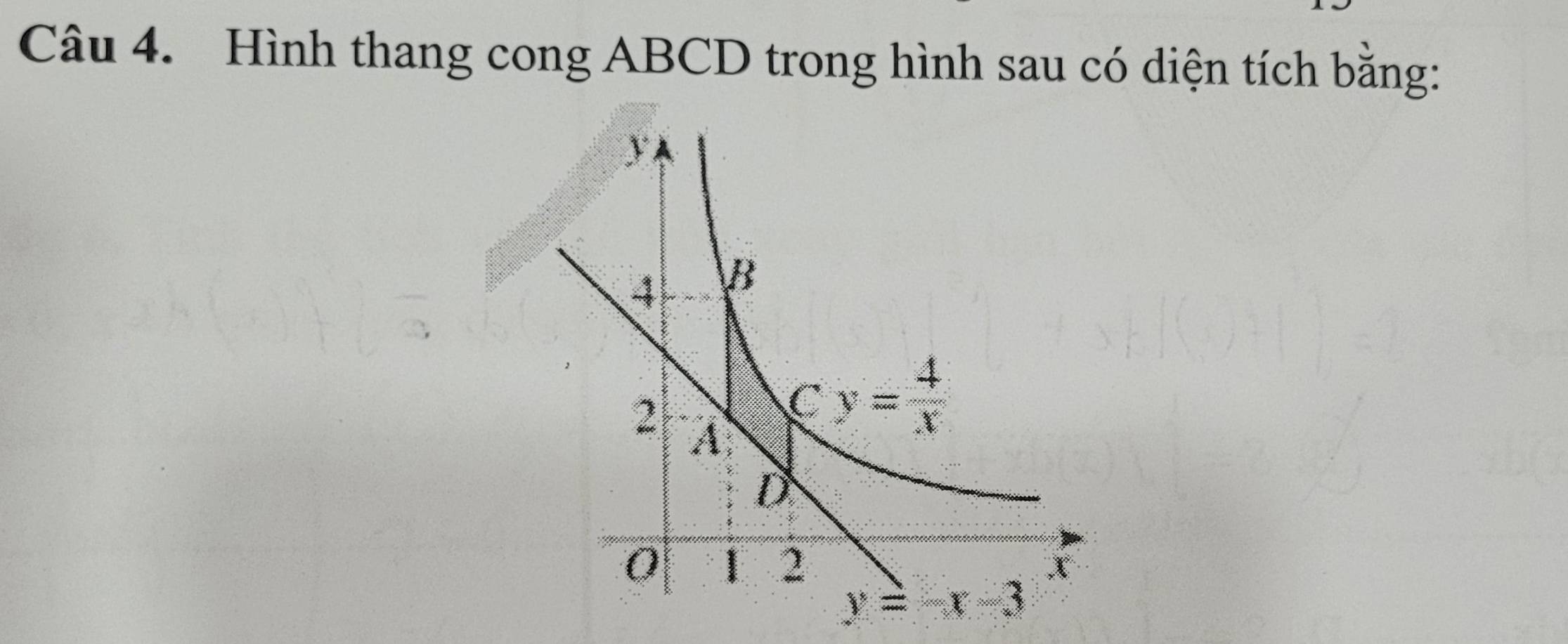 Hình thang cong ABCD trong hình sau có diện tích bằng: