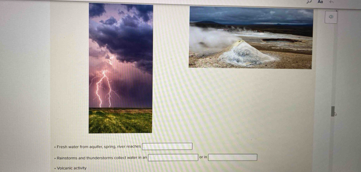 Aa 

* Fresh water from aquifer, spring, river reaches 
+ Rainstorms and thunderstorms collect water in an or in 
Volcanic activity