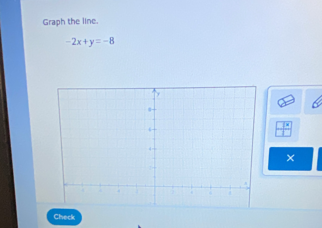 Graph the line.
-2x+y=-8
× 
Check