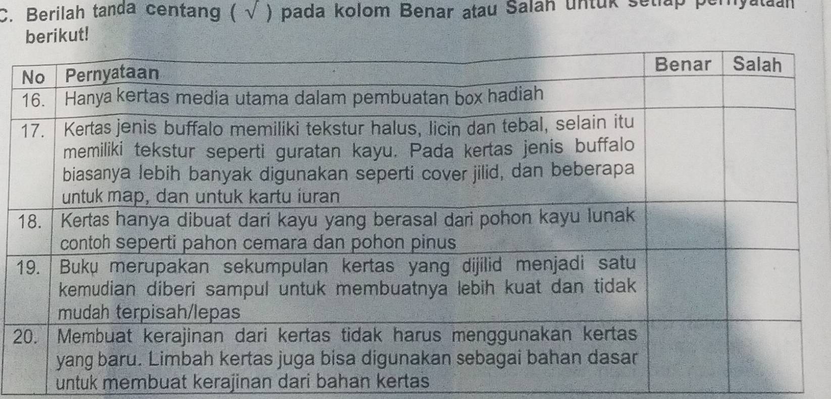 Berilah tanda centang ( √ ) pada kolom Benar atau Salah untuk setlap pernyataan 
erikut! 
2 
untuk membuat kerajinan dari bahan kertas