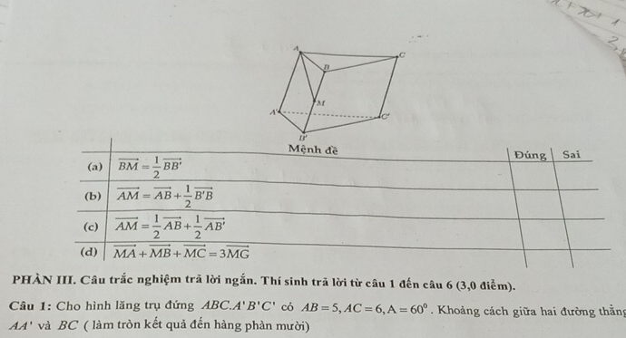 PHÀN III. Câu trắc nghiệm trã lời ngắn. Thí sinh trã lời từ câu 1 đến câu 6 (3,0 điểm).
Câu 1: Cho hình lăng trụ đứng ABC.A'B'C' có AB=5,AC=6,A=60°. Khoảng cách giữa hai đường thằng
AA' và BC ( làm tròn kết quả đến hàng phàn mười)