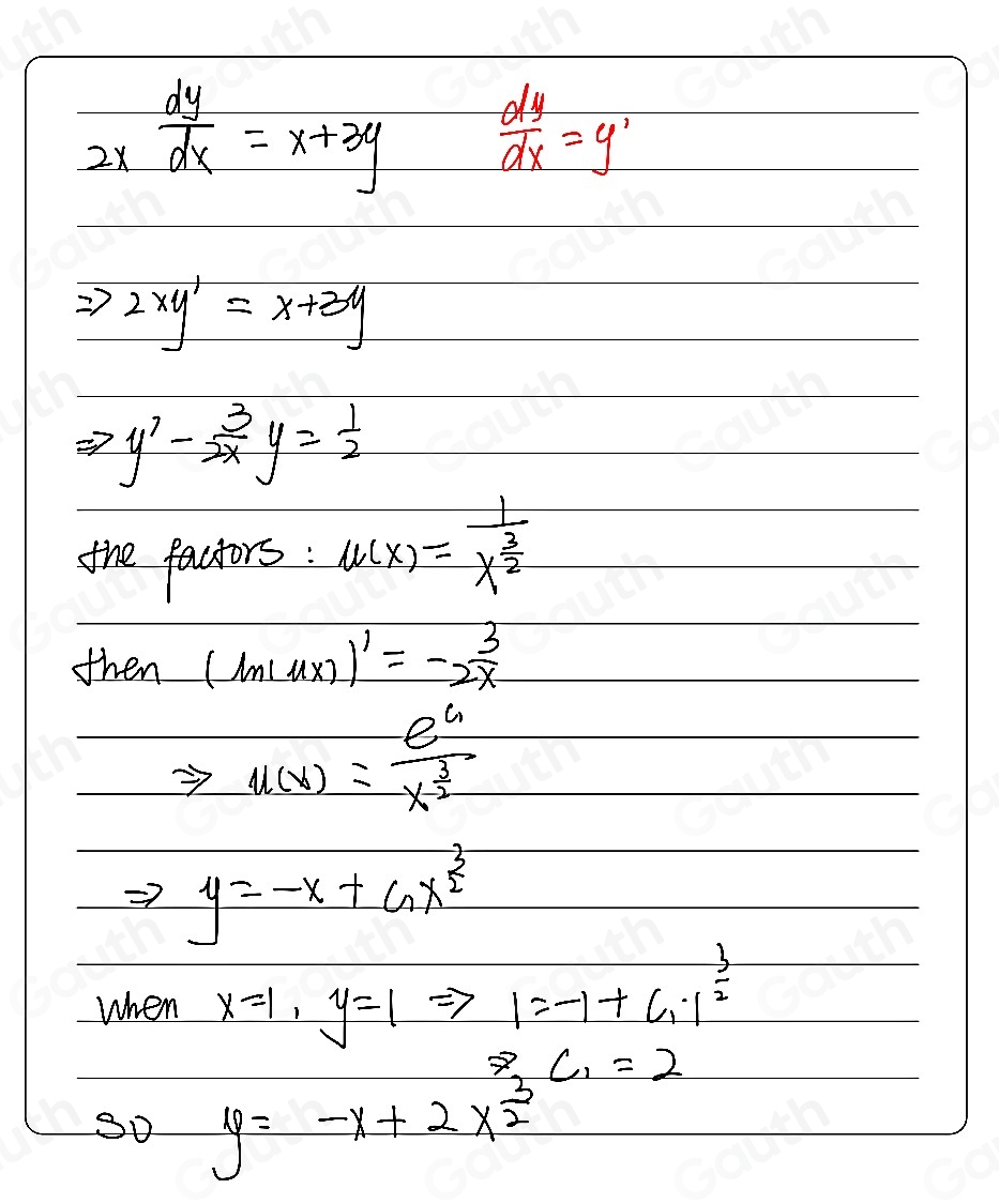 Solved: 2x dy/dx =x+3y , given that when x=1, y=1. [Calculus]