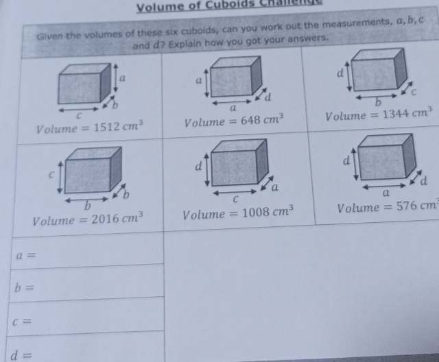 Volume of Cuboids Challenge
,c
c=
d=