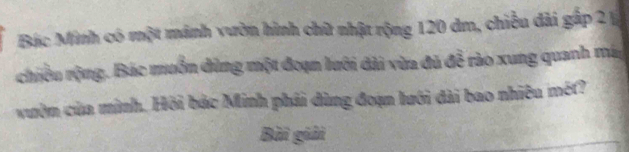Bác Minh có một mánh vườn hình chữ nhật rộng 120 dm, chiều đải gấp 2 1 
chiều rộng. Bác muồn đùng một đoạn lưới đài vừa đủ đễ rào xung quanh máy 
vườn của minh. Hồi bắc Minh phải dùng đoạn lưới đài bao nhiêu mét? 
Bài giải