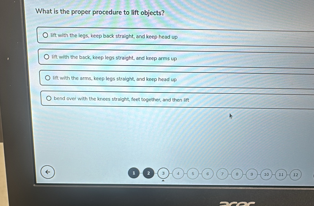 What is the proper procedure to lift objects?
1 2 3 4 5 6 7 8 9 10 11 12