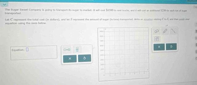 The Sugar Sweet Company is going to transport its sugar to market. It will cost $6500 to rent trucks, and it will cost an additional $250 for each ton of suge 
transported. 
Let C represent the total cost (in dollars), and let S represent the amount of sugar (in tons) transported. Write an equation relating C to S, and then graph your 
equation using the axes below. 

× 5 
Equation: □ □ =□  □ /□  

×