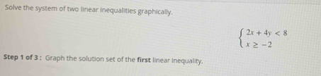 Solve the system of two linear inequalities graphically.
beginarrayl 2x+4y<8 x≥ -2endarray.
Step 1 of 3 : Graph the solution set of the first linear inequality.