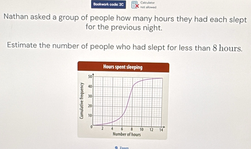 Bookwork code: 2C Calculator 
not allowed 
Nathan asked a group of people how many hours they had each slept 
for the previous night. 
Estimate the number of people who had slept for less than 8 hours. 
a Zoom