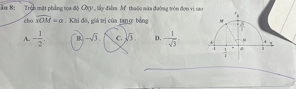 Tấu 8: Trện mặt phẳng tọa độ Oxy , lấy điểm Mỹ thuộc nửa đường tròn đơn vị sao
cho widehat xOM=alpha. Khi đó, giá trị của tanα bằng
A. - 1/2 . B. -sqrt(3). C. sqrt(3). D. - 1/sqrt(3) .