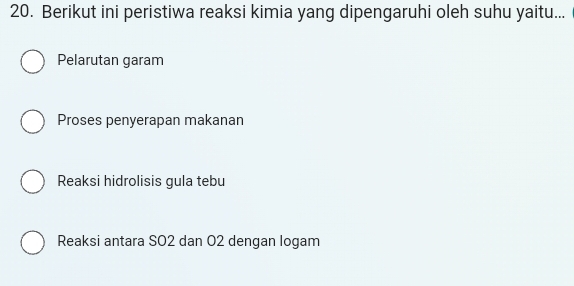 Berikut ini peristiwa reaksi kimia yang dipengaruhi oleh suhu yaitu...
Pelarutan garam
Proses penyerapan makanan
Reaksi hidrolisis gula tebu
Reaksi antara SO2 dan O2 dengan logam