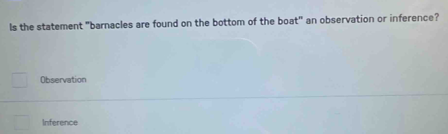 Is the statement "barnacles are found on the bottom of the boat" an observation or inference?
□ Observation
Inference