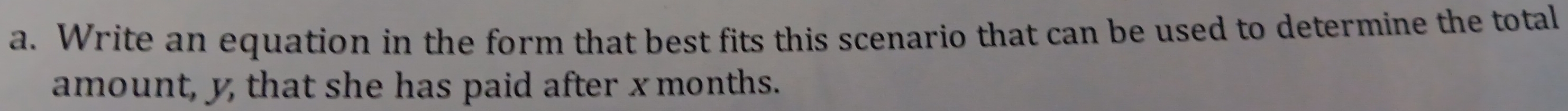 Write an equation in the form that best fits this scenario that can be used to determine the total 
amount, y, that she has paid after x months.
