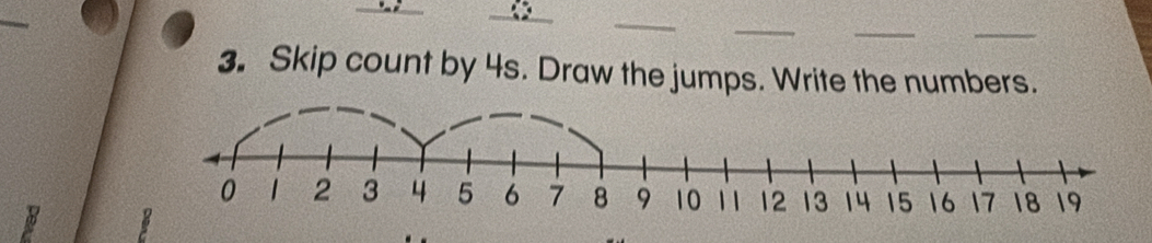 Skip count by 4s. Draw the jumps. Write the numbers.