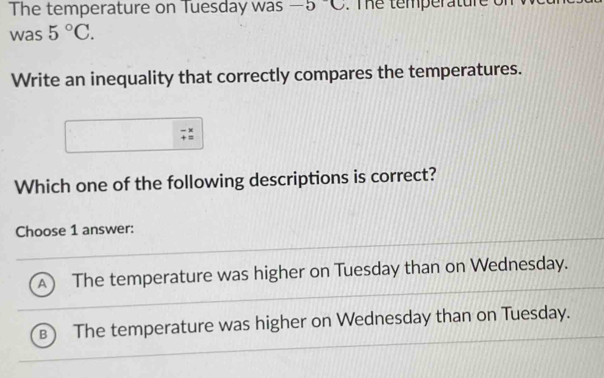 The temperature on Tuesday was -5°C. The temperatun 
was 5°C. 
Write an inequality that correctly compares the temperatures.
Which one of the following descriptions is correct?
Choose 1 answer:
A The temperature was higher on Tuesday than on Wednesday.
The temperature was higher on Wednesday than on Tuesday.