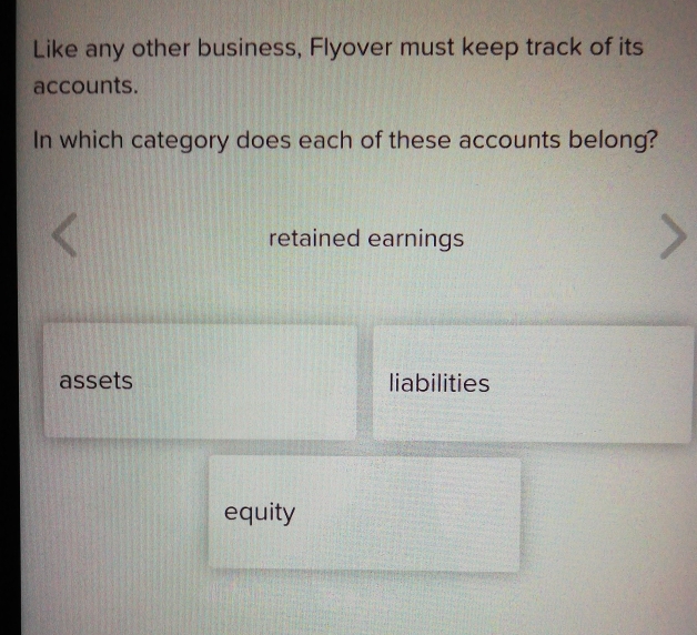 Like any other business, Flyover must keep track of its
accounts.
In which category does each of these accounts belong?
retained earnings
assets liabilities
equity