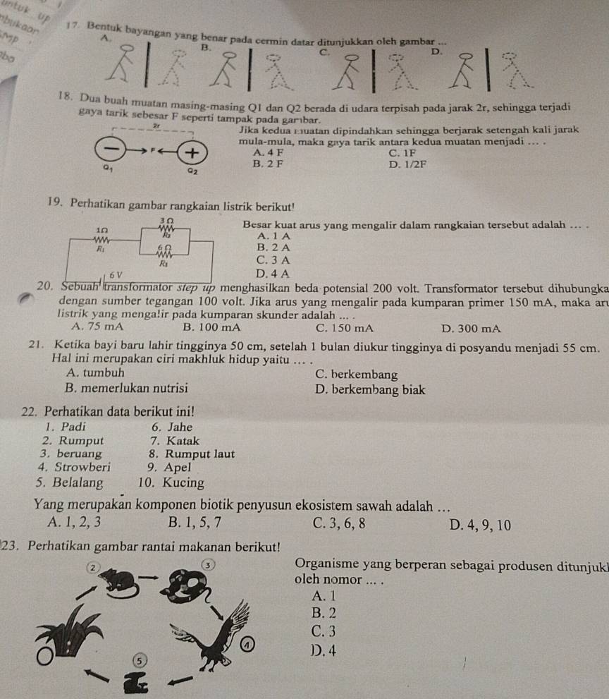 untuk up
bukaor 
1 7. Bentuk bayangan yang benar pada cermin datar ditunjukkan oleh gambar ...
Np
A.
B.
ba
C.
D.
18. Dua buah muatan masing-masing Q1 dan Q2 berada di udara terpisah pada jarak 2r, sehingga terjadi
gaya tarik sebesar F seperti tampak pada gamıbar.
Jika kedua muatan dipindahkan sehingga berjarak setengah kali jarak
mula-mula, maka gaya tarik antara kedua muatan menjadi ... .
A. 4 F C. 1F
B. 2 F
D. 1/2F
19. Perhatikan gambar rangkaian listrik berikut!
Besar kuat arus yang mengalir dalam rangkaian tersebut adalah .. .
A. 1 A
B. 2 A
C. 3 A
D. 4 A
20ransformator step up menghasilkan beda potensial 200 volt. Transformator tersebut dihubungka
dengan sumber tegangan 100 volt. Jika arus yang mengalir pada kumparan primer 150 mA, maka ar
listrik yang menga!ir pada kumparan skunder adalah ... .
A. 75 mA B. 100 mA C. 150 mA D. 300 mA
21. Ketika bayi baru lahir tingginya 50 cm, setelah 1 bulan diukur tingginya di posyandu menjadi 55 cm.
Hal ini merupakan ciri makhluk hidup yaitu ... .
A. tumbuh C. berkembang
B. memerlukan nutrisi D. berkembang biak
22. Perhatikan data berikut ini!
1. Padi 6. Jahe
2. Rumput 7. Katak
3. beruang 8. Rumput laut
4. Strowberi 9. Apel
5. Belalang 10. Kucing
Yang merupakan komponen biotik penyusun ekosistem sawah adalah ...
A. 1, 2, 3 B. 1, 5, 7 C. 3, 6, 8 D. 4, 9, 10
23. Perhatikan gambar rantai makanan berikut!
Organisme yang berperan sebagai produsen ditunjuk
oleh nomor ... .
A. 1
B. 2
C. 3
). 4