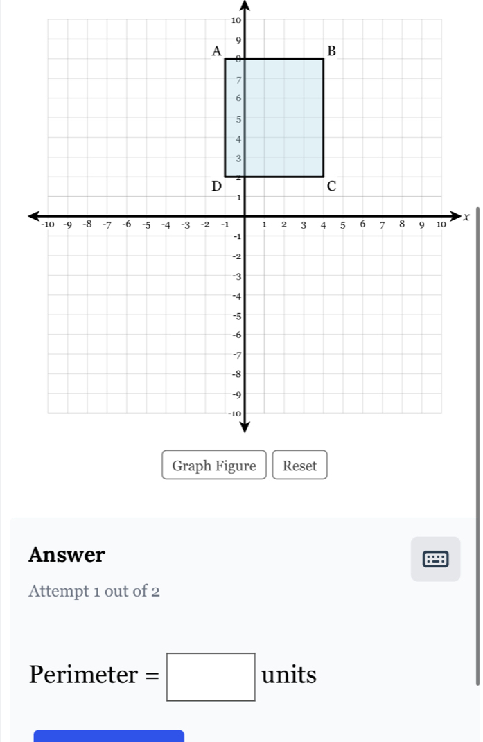 Answer 
:=: 
Attempt 1 out of 2 
Perimeter =□ units