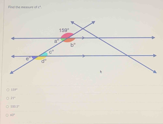 Find the measure of c°.
159°
21°
100.5°
60°