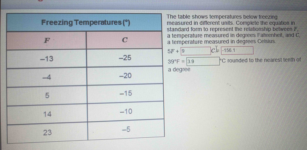 ble shows temperatures below freezing
ured in different units. Complete the equation in
ard form to represent the relationship between F,
perature measured in degrees Fahrenheit, and C,
perature measured in degrees Celsius.
5F+9C=-156.1
□ |^circ  C rounded to the nearest tenth of
ree