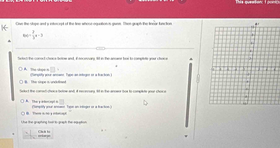 This question: 1 point(s
Give the slope and y-intercept of the line whose equation is given. Then graph the linear function.
f(x)= 2/3 x-3
Select the correct choice below and, if necessary, fill in the answer box to complete your choice
A. The slope is □
(Simplify your answer. Type an integer or a fraction.)
B. The slope is undefined 
Select the correct choice below and; if necessary, fill in the answer box to complete your choice.
A. The y-intercept is
(Simplify your answer. Type an integer or a fraction )
B. There is no y-intercept
Use the graphing tool to graph the equation
Click to
enlarge