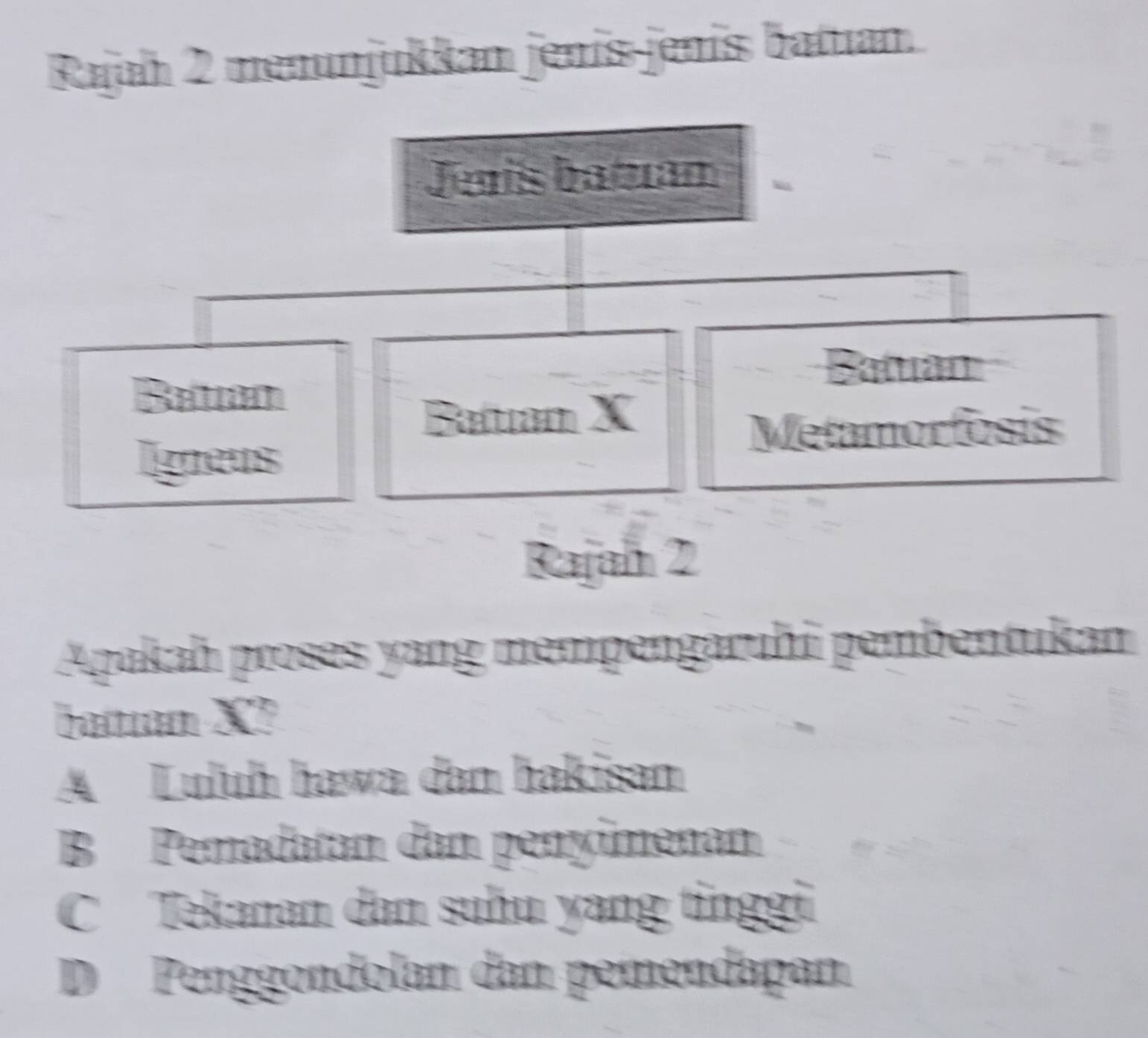 Rajah 2 menunjukkan jenís jenís batuan.
Jenis batuan
Batuan
Betn
Batuan X
Metamorfosis
Igneus
Rajah 2
Apakah proses yang mempengaruhi pembentukan
batuan X?
A Luluh hawa dan hakisan
B Pemadatan dan penyimenan
C Tekanan dan suhu yang tinggi
D Penggondolan dan pemendapan