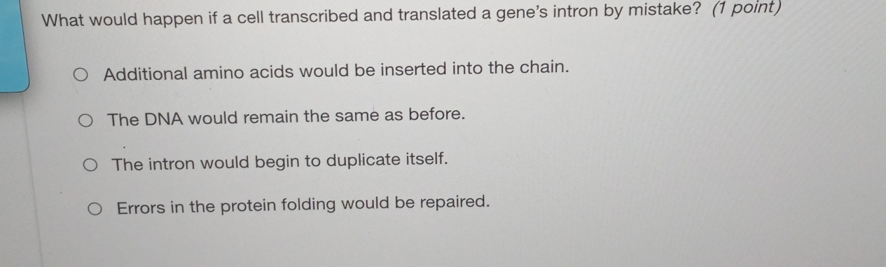 What would happen if a cell transcribed and translated a gene's intron by mistake? (1 point)
Additional amino acids would be inserted into the chain.
The DNA would remain the same as before.
The intron would begin to duplicate itself.
Errors in the protein folding would be repaired.