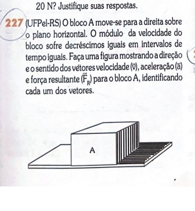 N? Justifique suas respostas. 
227 (UFPel-RS) O bloco A move-se para a direita sobre 
o plano horizontal. O módulo da velocidade do 
bloco sofre decréscimos iguais em intervalos de 
tempo iguais. Faça uma figura mostrando a direção 
e o sentido dos vétores velocidade (v), aceleração (ã) 
e força resultante (overline F_R) para o bloco A, identificando 
cada um dos vetores. 
A