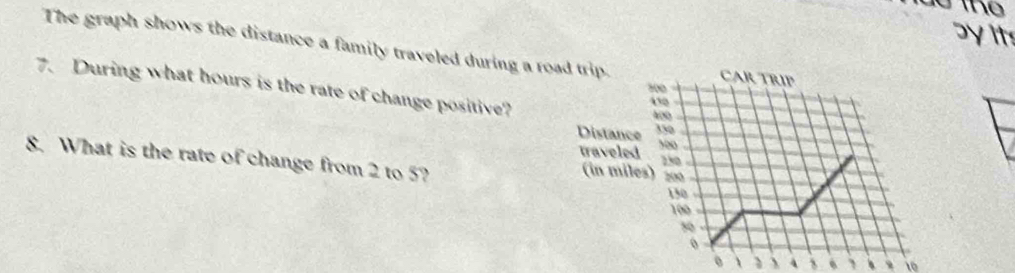 byit 
The graph shows the distance a family traveled during a road trip. CAR TRIP 
7. During what hours is the rate of change positive?
300
430
40
Distance 350
traveled 100
8. What is the rate of change from 2 to 5? 
(in miles) 250
109
130
100
 4 s . 、 10