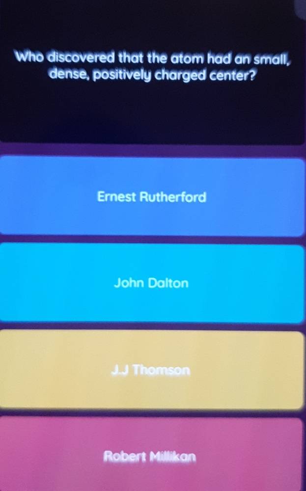 Who discovered that the atom had an small,
dense, positively charged center?
Ernest Rutherford
John Dalton
J.J Thomson
Robert Millikan