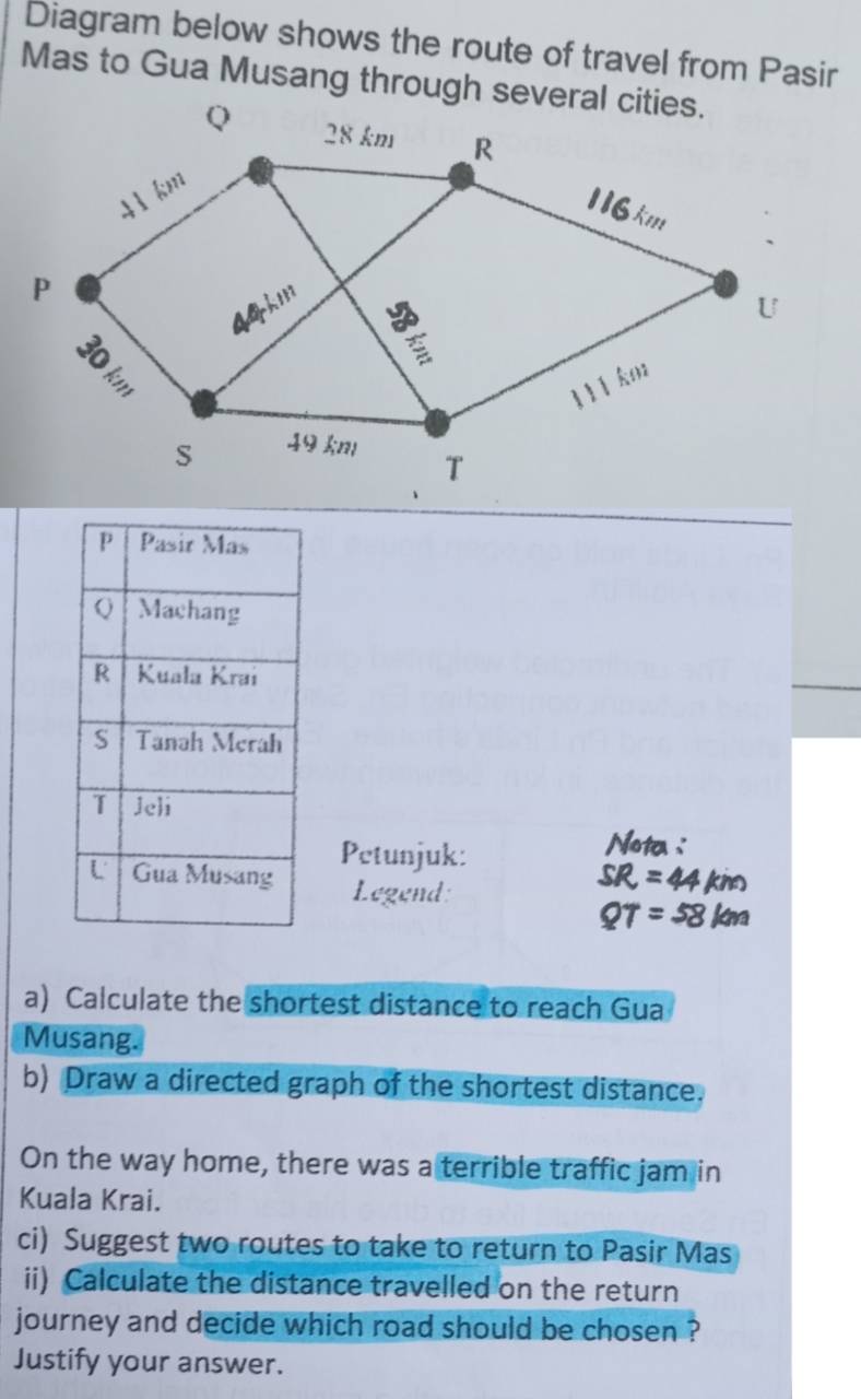 Diagram below shows the route of travel from Pasir 
Mas to Gua Musang through several cities. 
Petunjuk: 
Nota : 
Legend:
SR=44km
QT=58km
a) Calculate the shortest distance to reach Gua 
Musang. 
b) Draw a directed graph of the shortest distance. 
On the way home, there was a terrible traffic jam in 
Kuala Krai. 
ci) Suggest two routes to take to return to Pasir Mas 
ii) Calculate the distance travelled on the return 
journey and decide which road should be chosen ? 
Justify your answer.